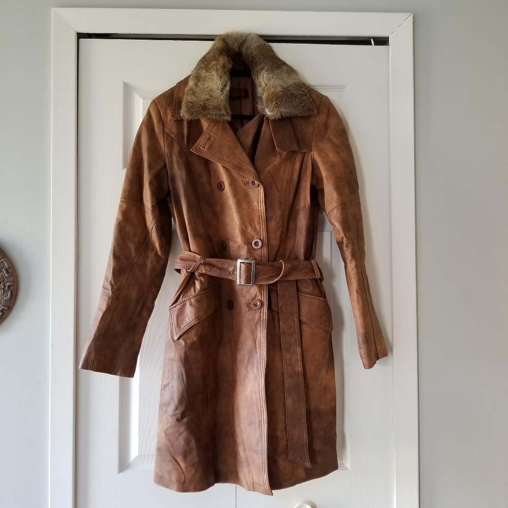 🧥VINTAGE DANIER LEATHER TRENCH COAT WITH FUR COLLAR
